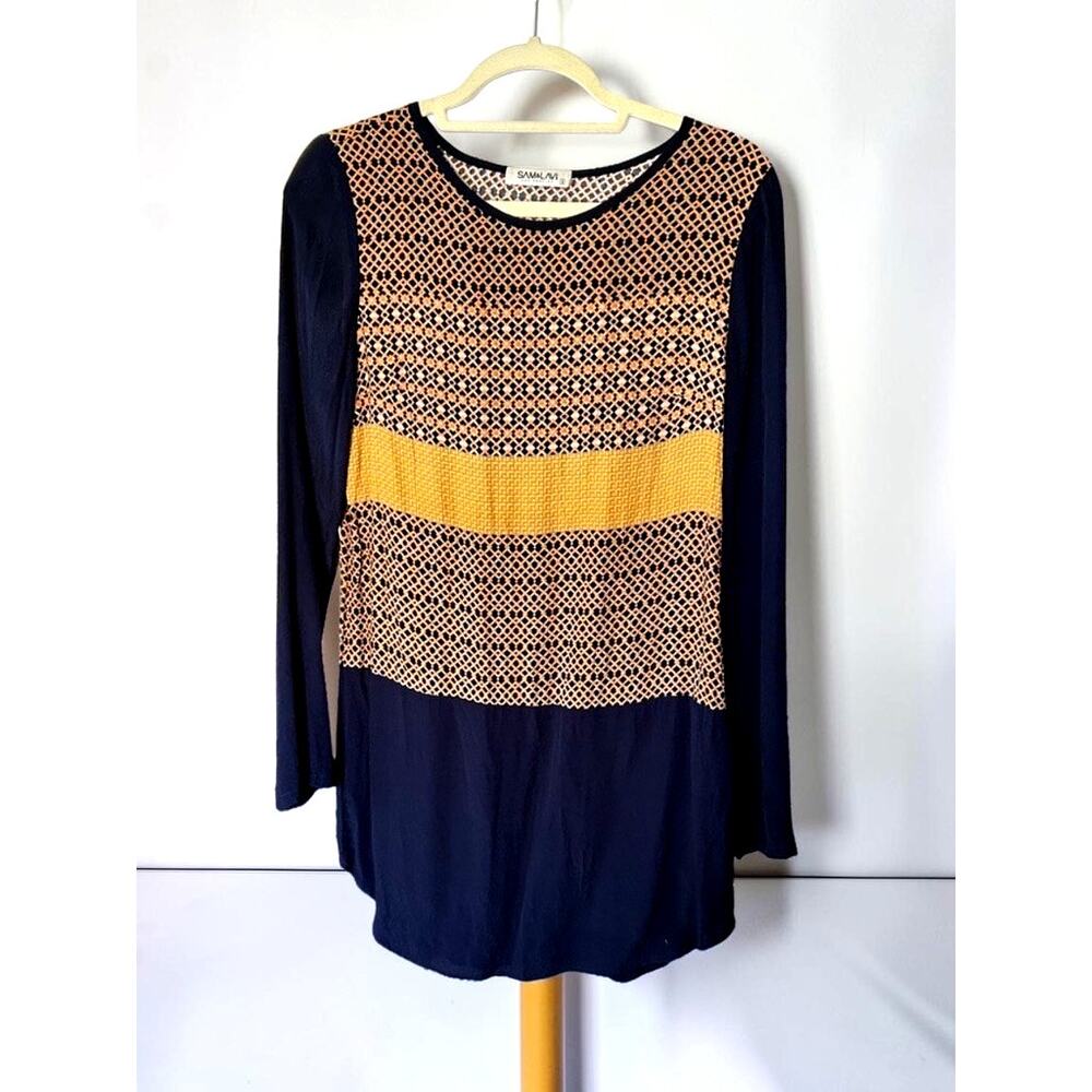 Sam & Lavi Colorblock Mini Dress Navy Moroccan Print Mustard Long Sleeve
